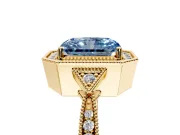 Halo Engagement Ring Setting for Fancy Blue Radiant Cut Center with Milgrain Rim, Pave Band and Prong Head in Yellow Gold