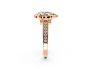 Halo Engagement Ring Setting for Pear-Shaped Center with Outer Bezel Rim, Pave Band and Prong Head in Rose Gold