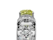 Pave Engagement Ring Setting for Fancy Yellow Cushion Cut Center with Curved Accent Rows, Openwork and Prong Head in Platinum