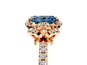 Halo Engagement Ring Setting for Fancy Blue Emerald Cut Center with Openwork Halo, Pave Band and Prong Head in Rose Gold