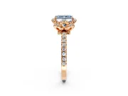 Halo Engagement Ring Setting for Fancy Blue Radiant Cut Center with Openwork Halo, Pave Band and Prong Head in Rose Gold