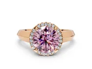 Halo Engagement Ring Setting for Fancy Pink Round Cut Center with Knife Ridge Cathedral Band and Prong Head in Rose Gold