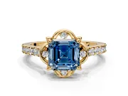 Floral Engagement Ring Setting for Fancy Blue Asscher Cut Center with Pave Band and Floral Prong Head in Yellow Gold