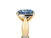 Solitaire Engagement Ring Setting for Fancy Blue Radiant Cut Center with Carved Leaf Shoulders and Prong Head in Yellow Gold