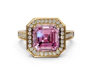 Halo Engagement Ring Setting for Fancy Pink Asscher Cut Center with Outer Bezel Rim, Pave Band and Prong Head in Yellow Gold