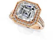 Halo Engagement Ring Setting for Asscher Cut Center with Outer Bezel Rim, Pave Band and Prong Head in Rose Gold
