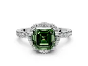 Halo Engagement Ring Setting for Fancy Green Asscher Cut Center with Openwork Halo, Pave Band and Prong Head in Sterling Silver