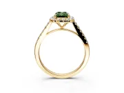 Halo Engagement Ring Setting for Fancy Green Emerald Cut Center with Narrowing Pave Band and Prong Head in Yellow Gold