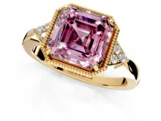 Cluster Engagement Ring Setting for Fancy Pink Asscher Cut Center with Milgrain Shoulder Clusters and Prong Head in Yellow Gold