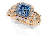 Bypass Halo Engagement Ring Setting for Fancy Blue Princess Cut Center with Bezel Accents, Milgrain and Prong Head in Rose Gold
