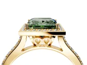 Halo Engagement Ring Setting for Fancy Green Princess Cut Center with Pave Accents, Heart Basket and Prong Head in Yellow Gold