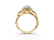 Halo Engagement Ring Setting for Pear-Shaped Center with Open Scroll Shoulders and Prong Head in Yellow Gold