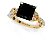 Leaf Motif Engagement Ring Setting for Fancy Black Princess Cut Center with Pave Band and Prong Head in Yellow Gold