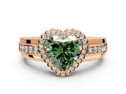 Halo Engagement Ring Setting for Fancy Green Heart-Shaped Center with Wide Band, Inlaid Accent Row and Prong Head in Rose Gold