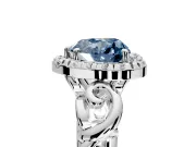 Halo Engagement Ring Setting for Fancy Blue Heart-Shaped Center with Open Scroll Shoulders and Prong Head in Sterling Silver