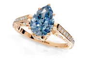 Cathedral Engagement Ring Setting for Fancy Blue Pear-Shaped Center with Antique-Style Pave Band and Prong Head in Rose Gold
