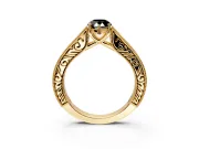 Solitaire Engagement Ring Setting for Fancy Black Pear-Shaped Center with Engraved Pave Band and Prong Head in Yellow Gold