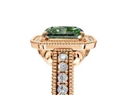 Milgrain Halo Engagement Ring Setting for Fancy Green Radiant Cut Center with Pave Band and Prong Head in Rose Gold