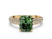 Solitaire Engagement Ring Setting for Fancy Green Radiant Cut Center with Multi-Row Pave Accents and Basket Head in Yellow Gold