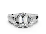 Solitaire Engagement Ring Setting for Emerald Cut Center with Wide Band, Pave Collar and Prong Head in Sterling Silver