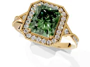 Halo Engagement Ring Setting for Fancy Green Radiant Cut Center with Milgrain Rim, Pave Band and Prong Head in Yellow Gold