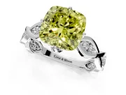 Solitaire Engagement Ring Setting for Fancy Yellow Cushion Cut Center with Accented Twist Band and Leaf Prong Head in Platinum