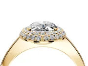 Halo Engagement Ring Setting for Oval Center with Plain Tapered Band and Prong Head in Yellow Gold