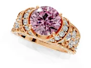 Pave Engagement Ring Setting for Fancy Pink Round Cut Center with Curved Accent Rows, Openwork and Prong Head in Rose Gold