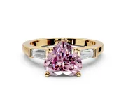 3 Stone Engagement Ring Setting for Fancy Pink Heart-Shaped Center with Channel Baguette Accents and Prong Head in Yellow Gold
