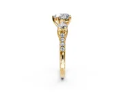 3 Stone Engagement Ring Setting for Heart-Shaped Center with Crossover Basket, Pave Band and Prong Head in Yellow Gold