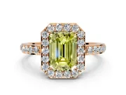 Halo Engagement Ring Setting for Fancy Yellow Emerald Cut Center with Heart-Shaped Openwork, Pave Band and Prong Head in Rose Gold