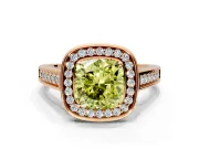 Halo Engagement Ring Setting for Fancy Yellow Cushion Cut Center with Outer Bezel Rim, Pave Band and Prong Head in Rose Gold