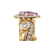 Milgrain Halo Engagement Ring Setting for Fancy Pink Pear-Shaped Center with Shoulder Bezels and Prong Head in Yellow Gold