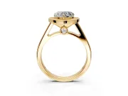 Halo Engagement Ring Setting for Heart-Shaped Center with Outer Bezel Rim, Pave Band and Prong Head in Yellow Gold