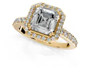 Halo Engagement Ring Setting for Asscher Cut Center with Inner Milgrain Border and Prong Head in Yellow Gold