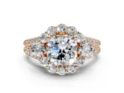Halo Engagement Ring Setting for Cushion Cut Center with Two-Strand Split Shank and Prong Head in Rose Gold