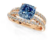Solitaire Engagement Ring Setting for Fancy Blue Cushion Cut Center with Woven 3-Strand Pave Band and Prong Head in Rose Gold