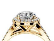 Halo Engagement Ring Setting for Round Cut Center with Narrow Pave Split Shank and Prong Head in Yellow Gold