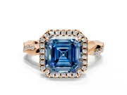 Halo Engagement Ring Setting for Fancy Blue Asscher Cut Center with Pave and Plain Twist Band and Prong Head in Rose Gold