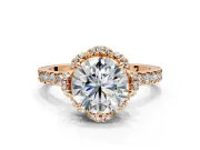 Halo Engagement Ring Setting for Round Cut Center with Openwork Halo, Pave Band and Prong Head in Rose Gold