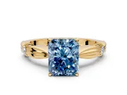 Solitaire Engagement Ring Setting for Fancy Blue Radiant Cut Center with Carved Leaf Shoulders and Prong Head in Yellow Gold