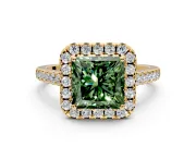 Halo Engagement Ring Setting for Fancy Green Princess Cut Center with Narrowing Pave Band and Prong Head in Yellow Gold