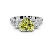 3 Stone Engagement Ring Setting for Fancy Yellow Heart-Shaped Center with Crossover Basket, Pave Band and Prong Head in White Gold