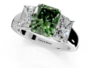 3 Stone Engagement Ring Setting for Fancy Green Radiant Cut Center with Raised Basket Heads and Prong Head in White Gold