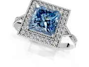 Halo Engagement Ring Setting for Fancy Blue Princess Cut Center with Milgrain Rim, Pave Band and Prong Head in Sterling Silver