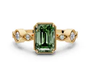 Vintage Station Engagement Ring Setting for Fancy Green Emerald Cut Center with Accents and Prong Head in Yellow Gold