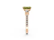 3 Stone Engagement Ring Setting for Fancy Yellow Emerald Cut Center with Round Cut Side Accents and Prong Head in Rose Gold
