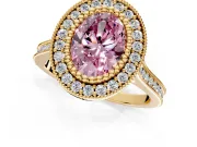 Halo Engagement Ring Setting for Fancy Pink Oval Center with Milgrain Frame, Pave Band and Prong Head in Yellow Gold