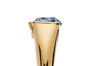 Tension Engagement Ring Setting for Fancy Blue Heart-Shaped Center with Wide Tapered Band and Tension Head in Yellow Gold
