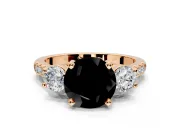 3 Stone Engagement Ring Setting for Fancy Black Round Cut Center with Crossover Basket, Pave Band and Prong Head in Rose Gold